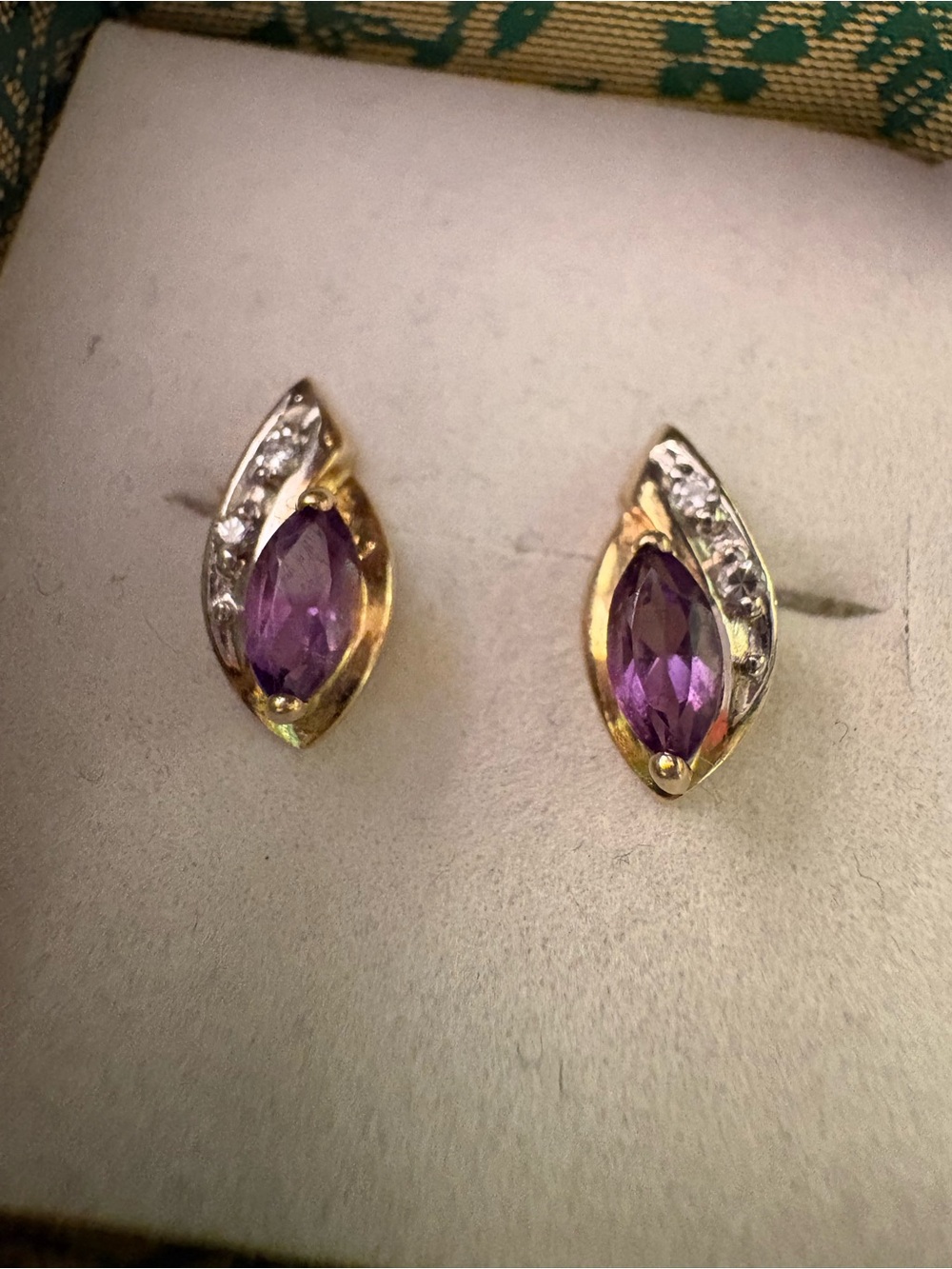 10k Gold Marquise Amethyst Stud Earrings with Diamond Accents - Picture 2 of 4